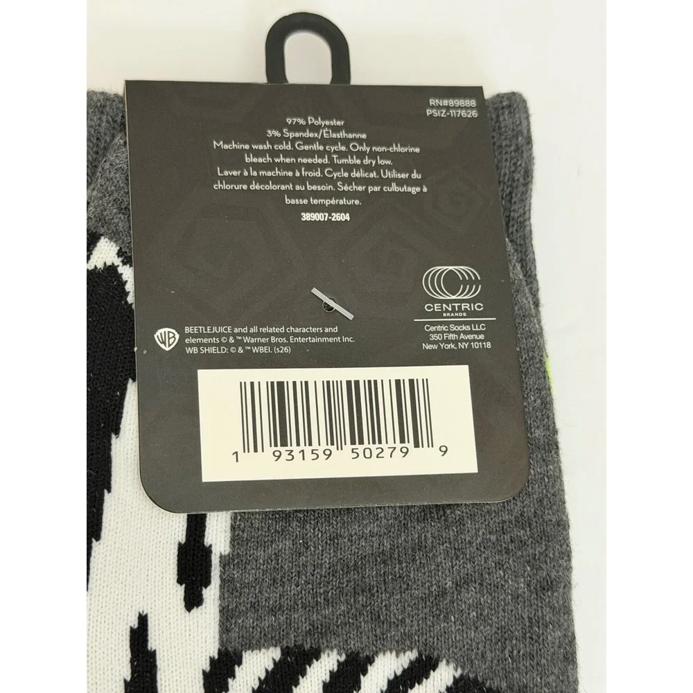 Beetlejuice Mens Crew Socks Gray Neon Green Sandworm Warner Bros Shoe Size 6-12